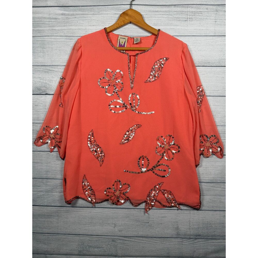 Vintage Original Anthony Women's L Coral Sequin Floral Beaded Top 1235